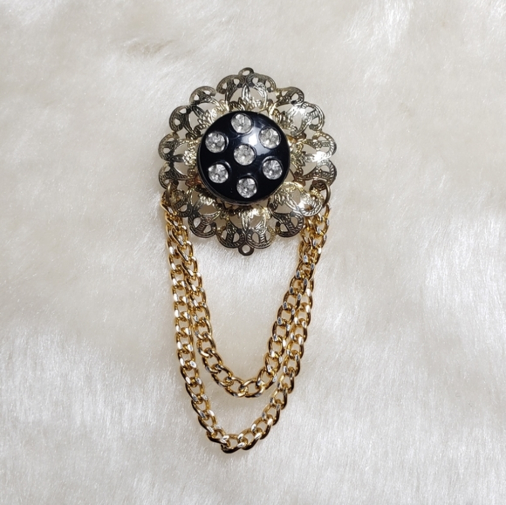 VINTAGE 80s Gold Tone Filigree Brooch Collar Chain brooch